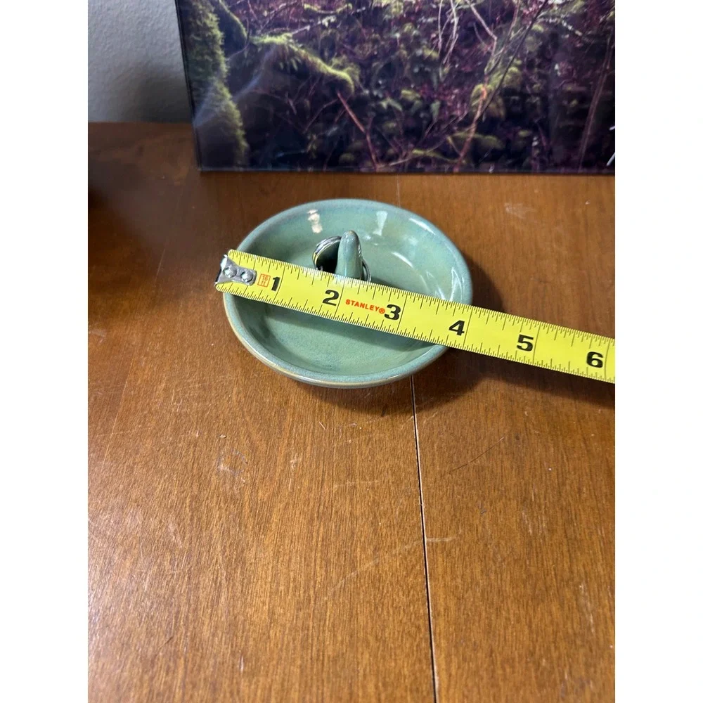 Studio Pottery Ceramic Ring Holder Dish Sage Green Glazed Jewelry Organizer Tray